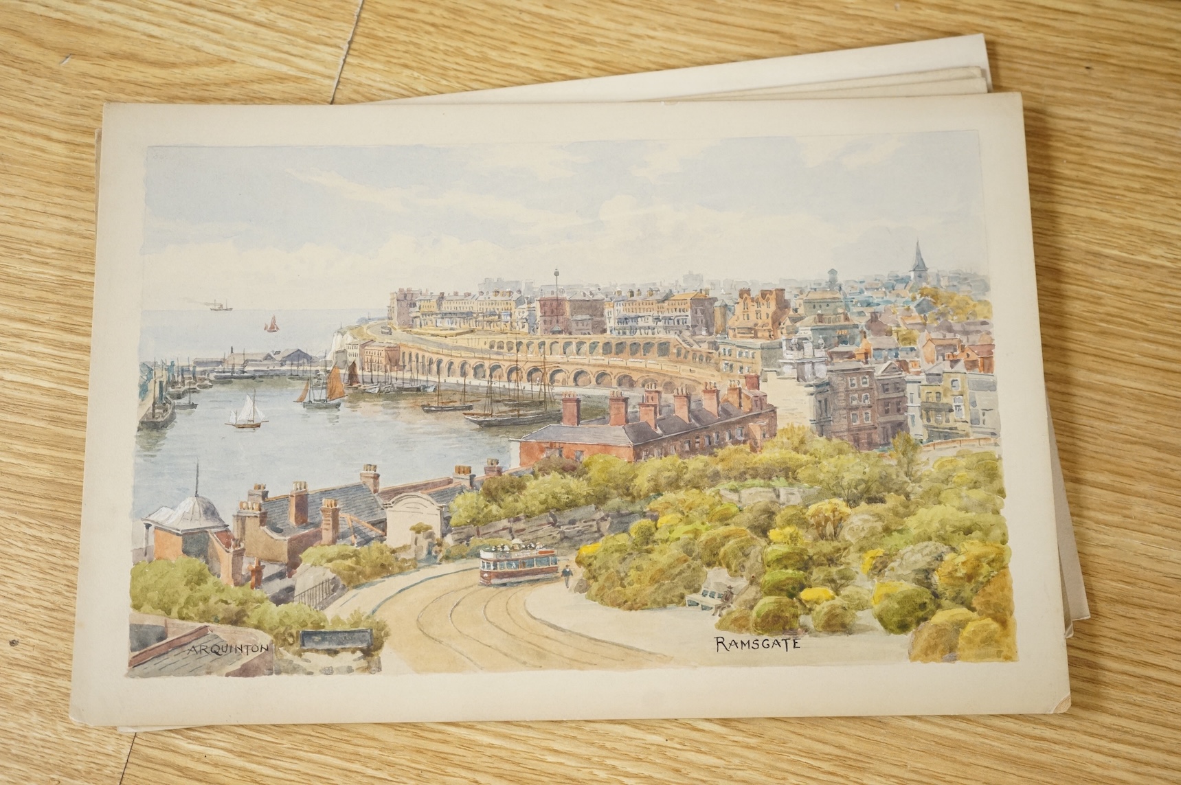 Alfred Robert Quinton (1853-1934), a set of six original watercolours for postcard designs to include St Mildred’s Bay, Westgate on Sea, On the Sands, Broadstairs and Ramsgate, each signed, unframed, 19 x 30cm